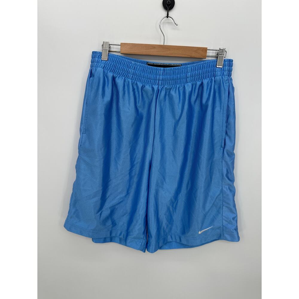 Vintage Y2K Men Nike Basketball Shorts Blue Sz L Embroidered Swoosh Silky Shiny